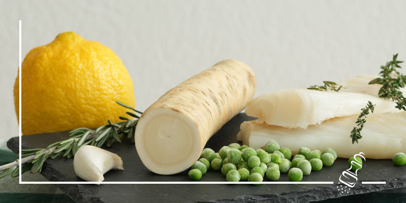 kabeljau an meerettichsauce mit gewuerzten erbsen